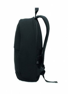 Logotrade Geschäftsgeschenke das Foto: Ein 15-Zoll-Laptop-Rucksack aus recycelter Baumwolle (Pre-Consumer) und recyceltem Polyester mit individuell anpassbarem Druck