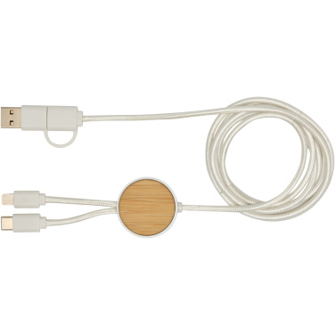 Logotrade Werbeartikel das Foto: Chechia 150 cm 5-in-1 Kabel aus recyceltem Kunststoff für Datenübertragung und 27W Schnellladung mit Bambusdetails