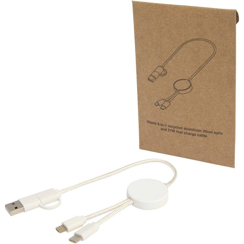 Logotrade Geschäftsgeschenke das Foto: Citala 30 cm 5-in-1 Kabel aus recyceltem Kunststoff für Datenübertragung und 27W Schnellladung