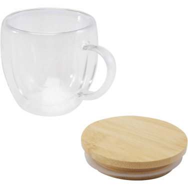 Logotrade Werbeartikel das Foto: Lenora 250 ml Glasbecher mit Bambusdeckel
