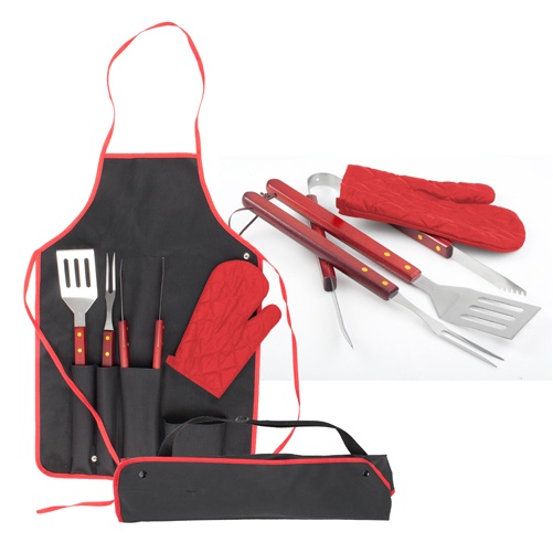 Logo trade business gifts image of: Axon BBQ set - apron,  glove, accessories, red