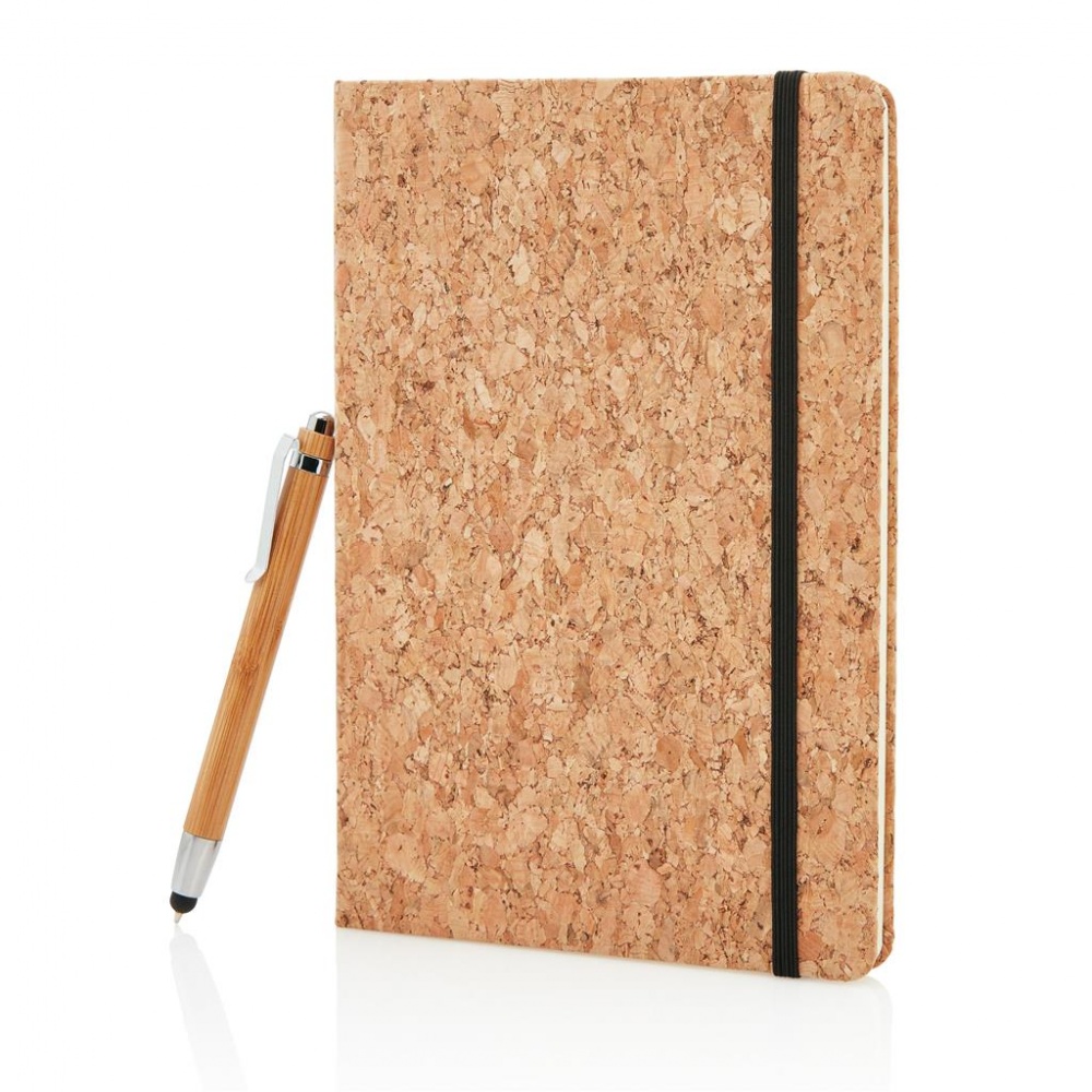 Logo trade promotional merchandise photo of: A5 notebook with bamboo pen including stylus, brown