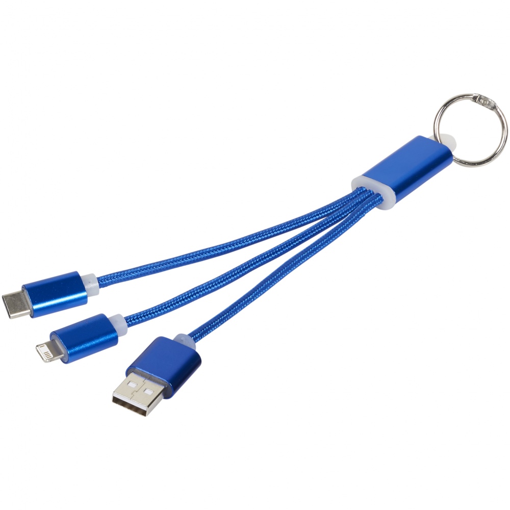 Logo trade business gift photo of: Metal 3-in-1 Charging Cable with Key-ring, blue
