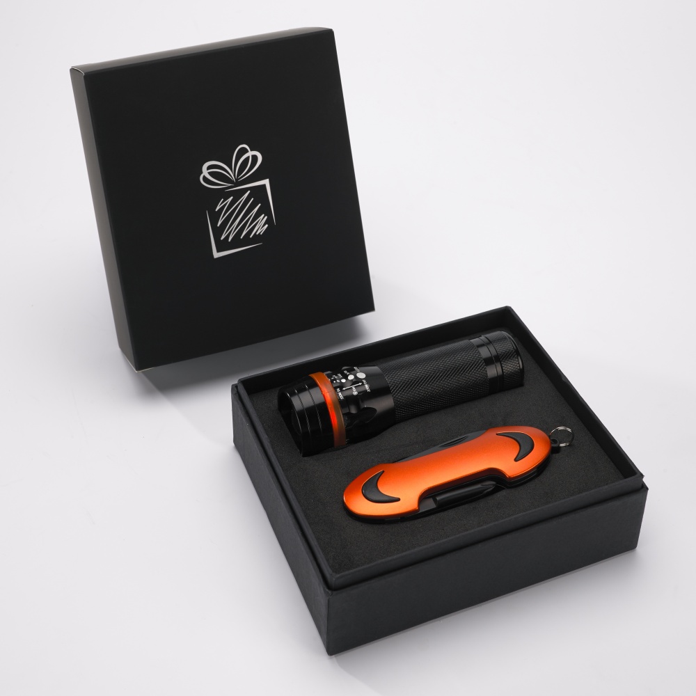 Logo trade advertising product photo of: SET COLORADO I: LED TORCH AND A POCKET KNIFE, orange