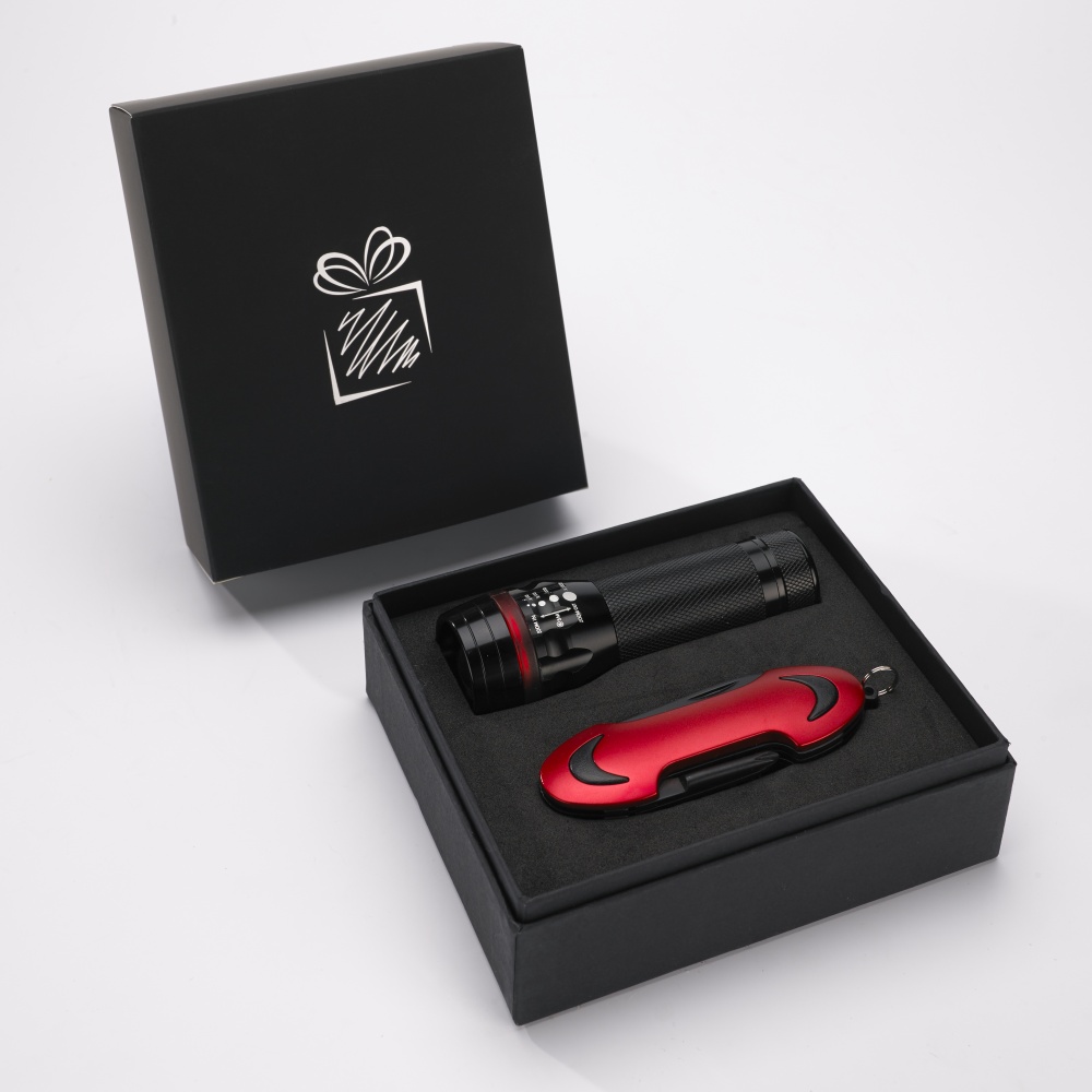 Logo trade business gift photo of: SET COLORADO I: LED TORCH AND A POCKET KNIFE, red