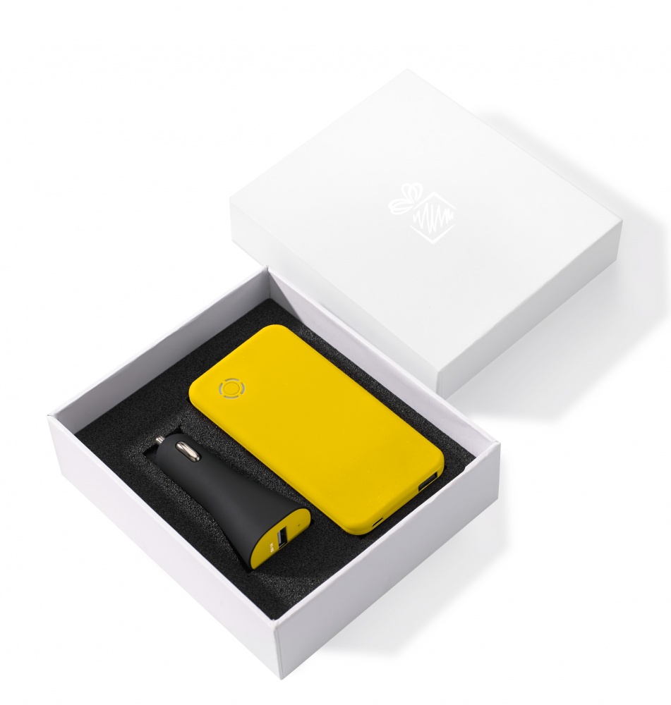 Logotrade promotional gifts photo of: SET: RAY POWER BANK 4000 mAh &CAR CHARGER RUBBY, yellow