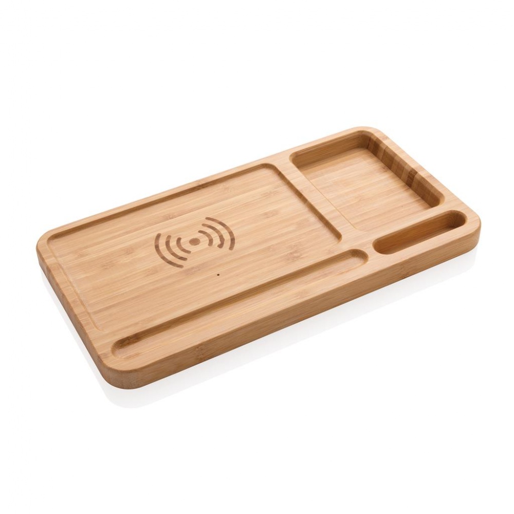 Logo trade promotional merchandise image of: Bamboo desk organizer 5W wireless charger, brown