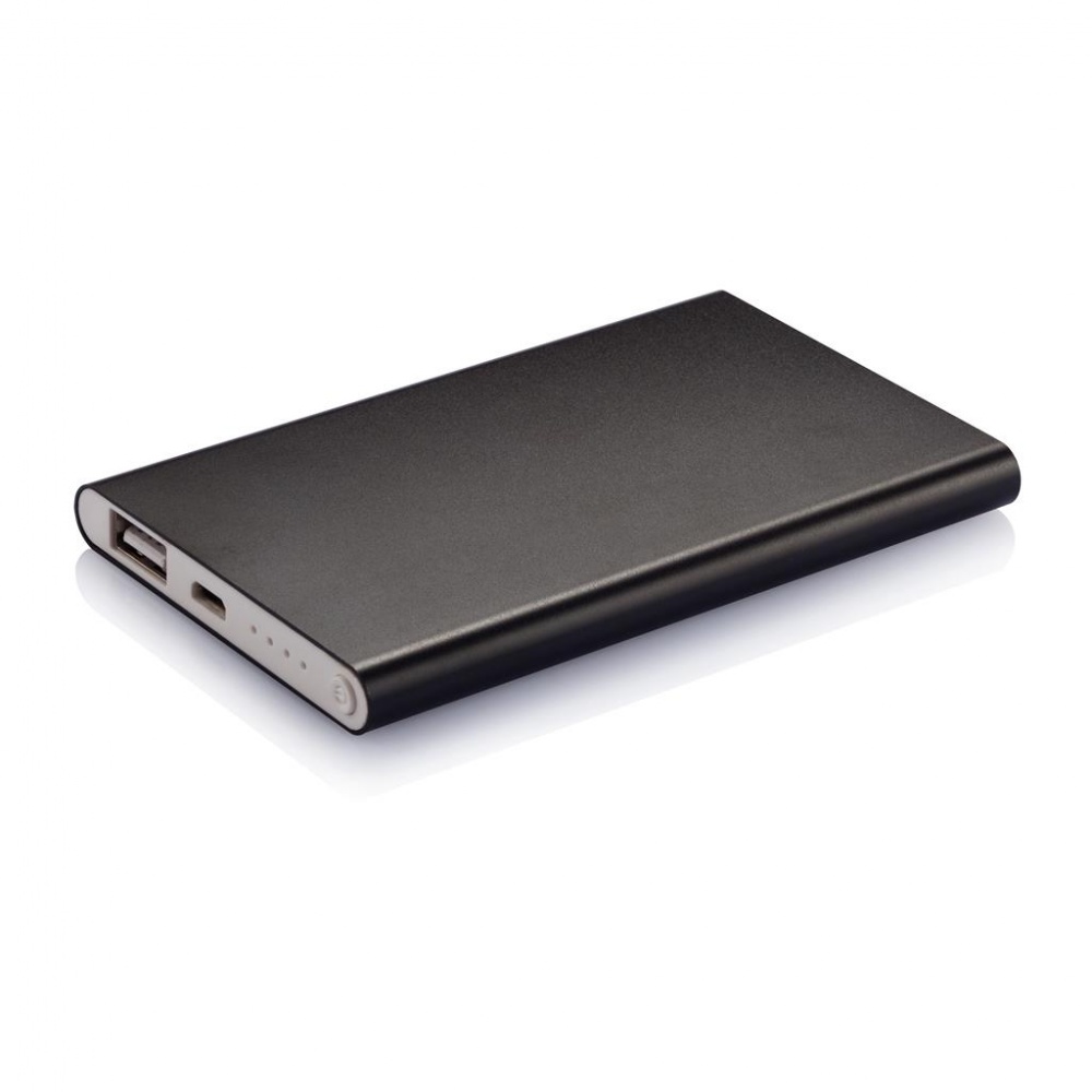 Logo trade promotional giveaways image of: 4000 mAh powerbank, black, with personalized name, sleeve, gift wrap