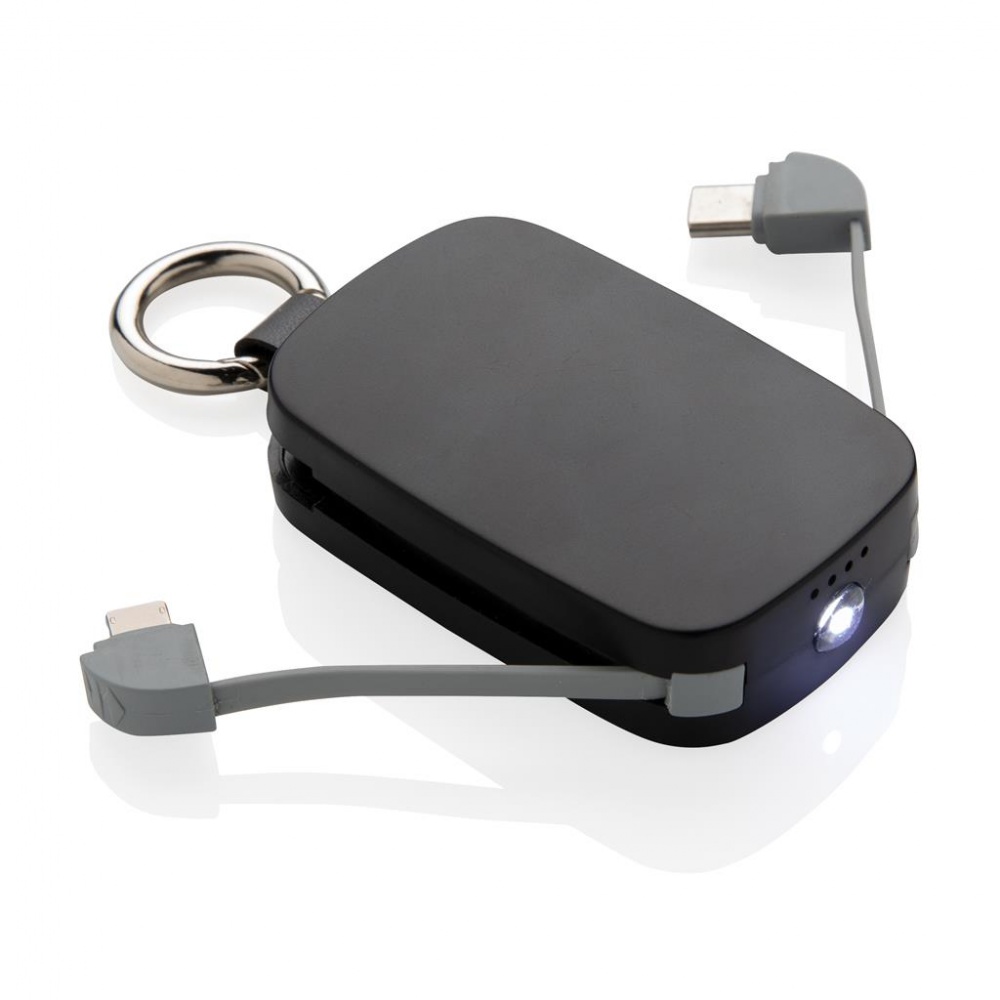 Logo trade advertising product photo of: 1.200 mAh Keychain Powerbank with integrated cables, black