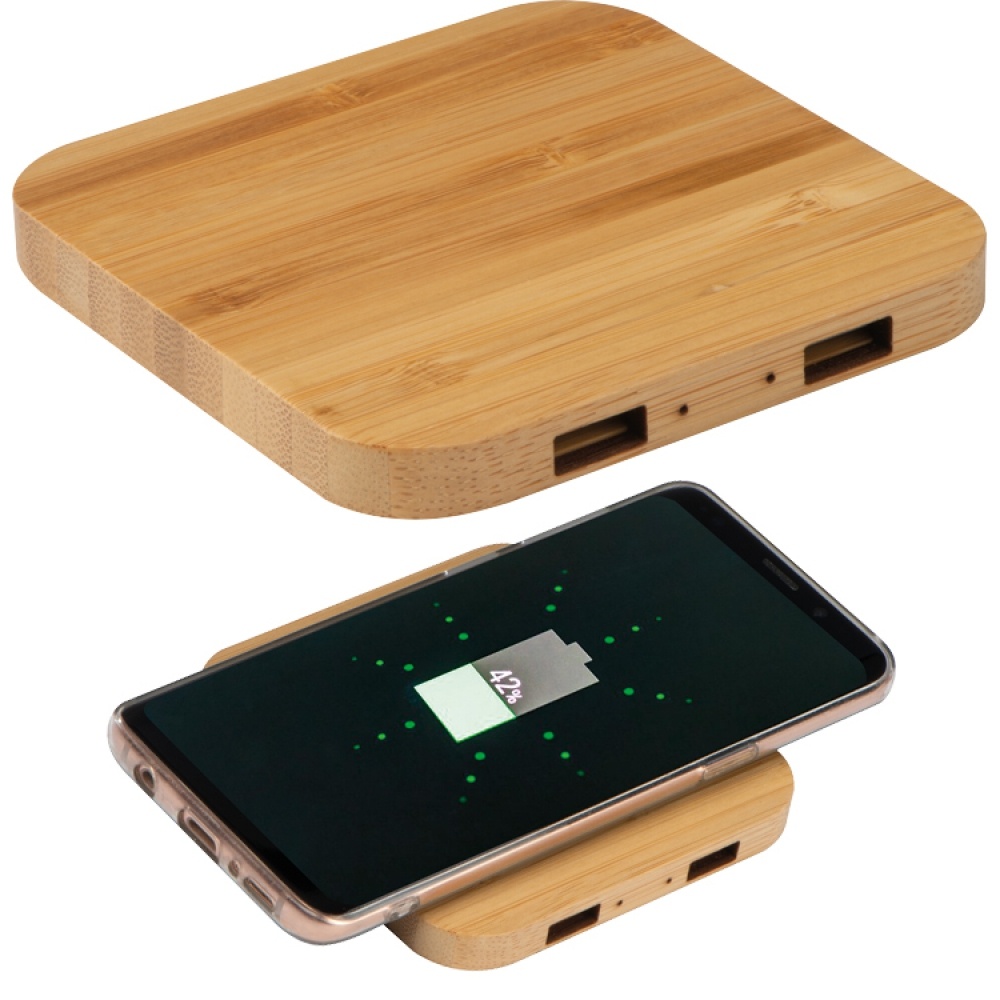 Logotrade promotional giveaway picture of: Bamboo Wireless Charger with 2 USB ports, Beige