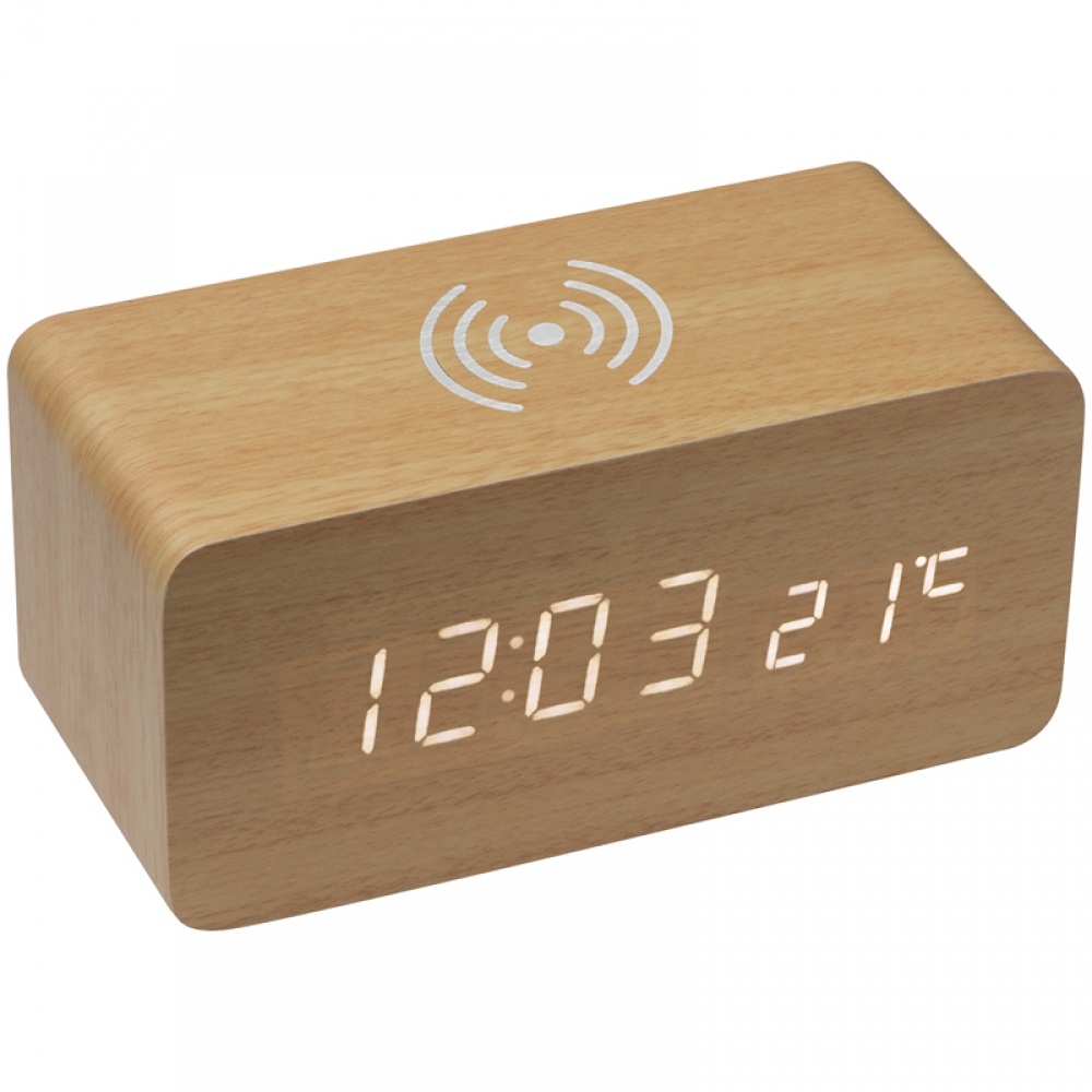 Logo trade corporate gifts image of: Desk clock with integrated wireless charger, beige