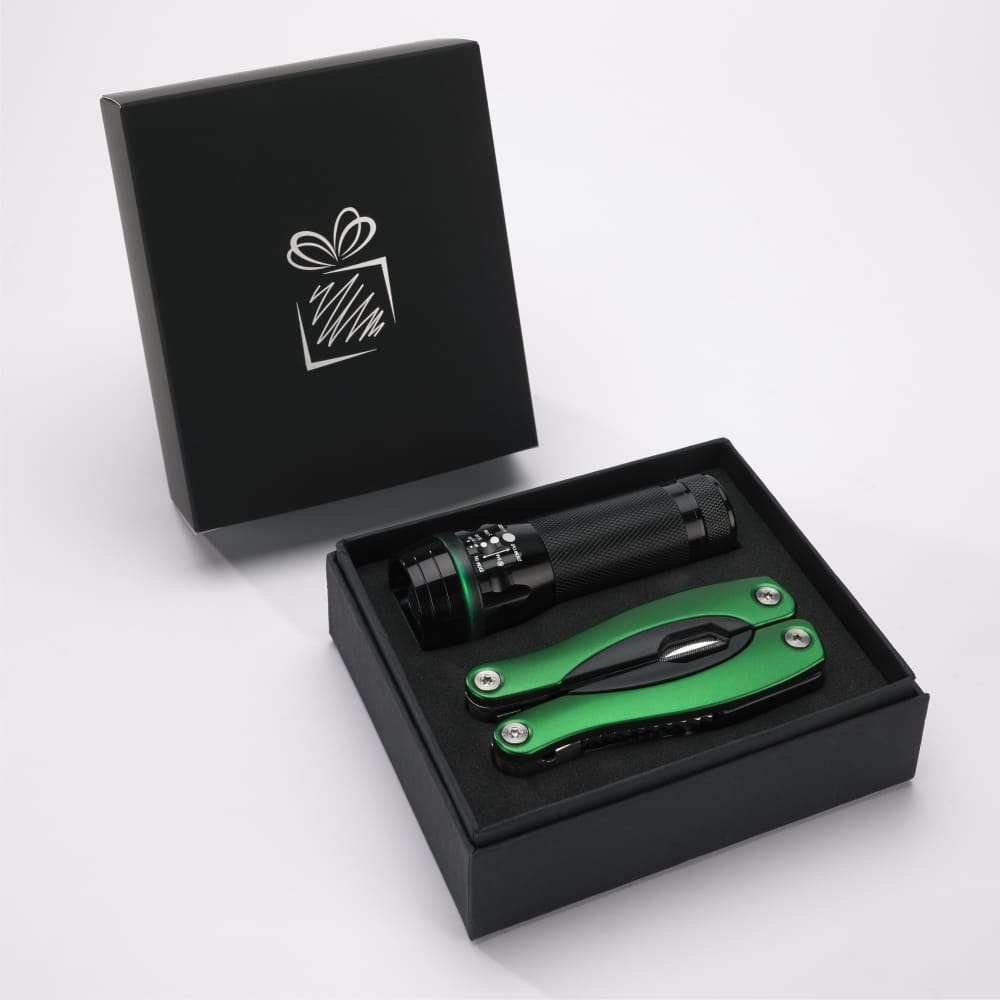 Logotrade advertising product picture of: Gift set Colorado II - torch & large multitool, green