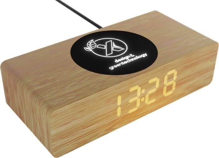 Logo trade business gifts image of: Wireless wooden charging station  and clock W30 10W - Natural ,black