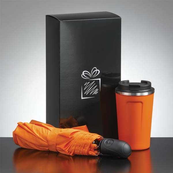 Logo trade corporate gifts image of: Traveller set: thermal mug 350 ml and full automatic umbrella, orange