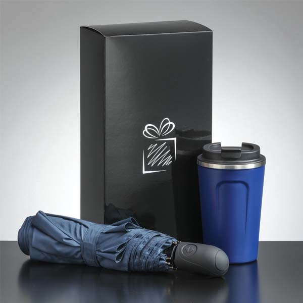 Logo trade promotional merchandise image of: Traveller set: thermal mug 350 ml and full automatic umbrella, blue