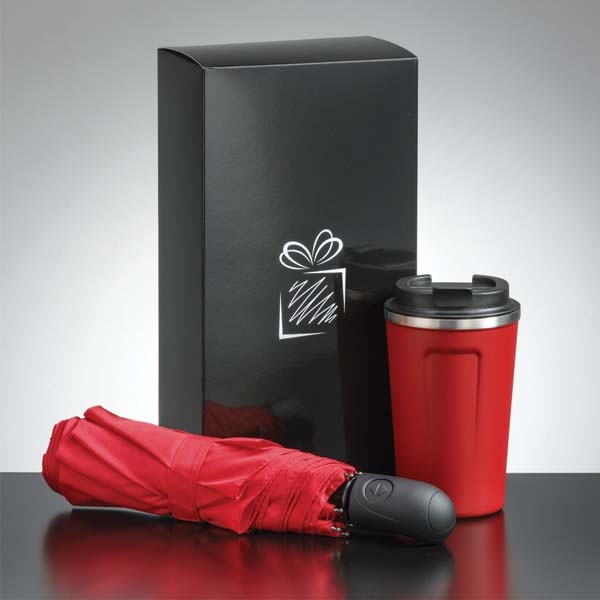 Logotrade advertising product picture of: Traveller set: thermal mug 350 ml and full automatic umbrella, red