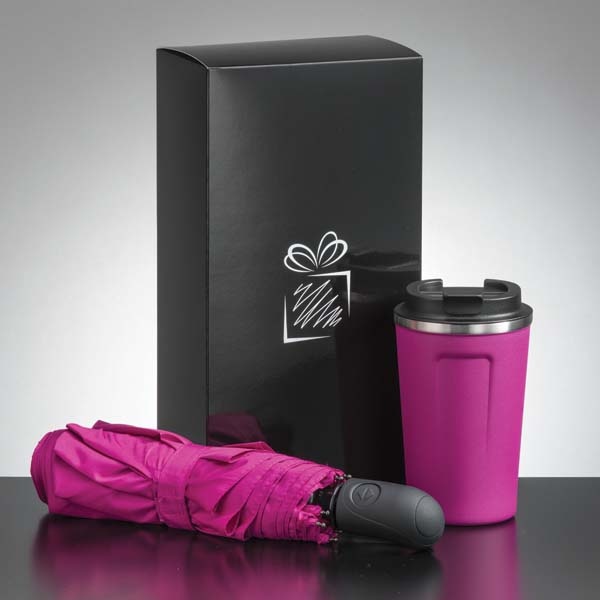 Logotrade advertising product image of: Traveller set: thermal mug 350 ml and full automatic umbrella, pink