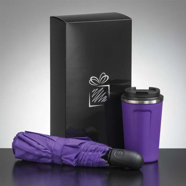 Logo trade corporate gifts image of: Traveller set: thermal mug 350 ml and full automatic umbrella, purple