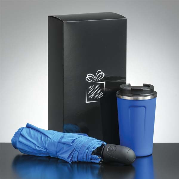 Logo trade promotional items image of: Traveller set: thermal mug 350 ml and umbrella, light blue