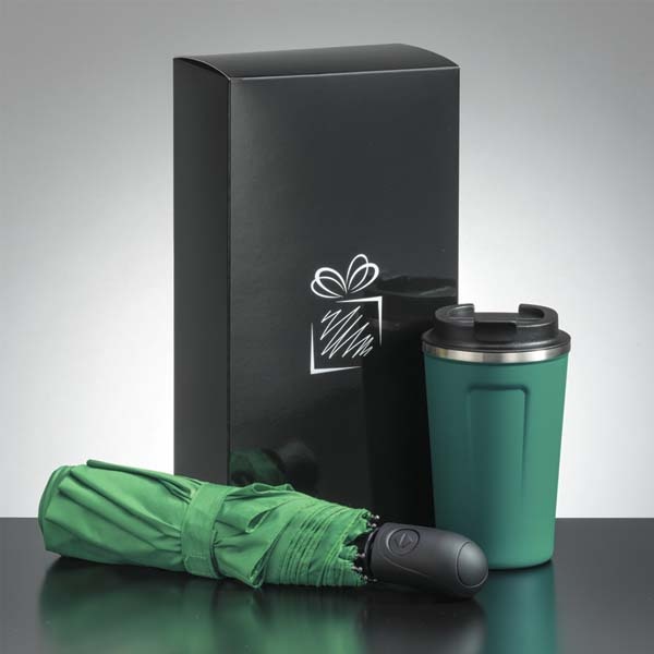 Logotrade advertising products photo of: Traveller set: thermal mug 350 ml and full automatic umbrella, green