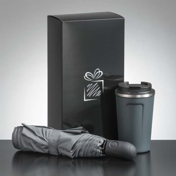 Logotrade promotional giveaway picture of: Traveller set: thermal mug 350 ml and full automatic umbrella, gray