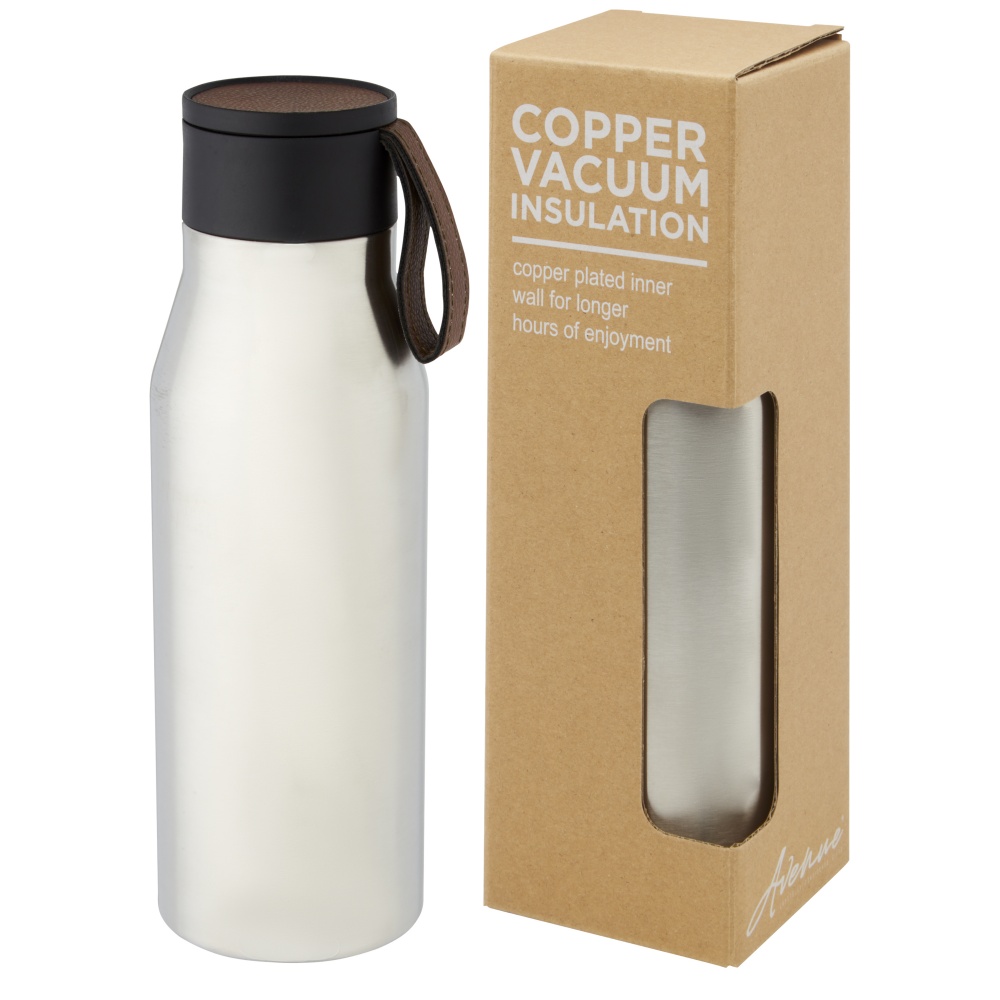 Logo trade promotional giveaways picture of: Ljungan 500 ml copper vacuum insulated stainless steel bottle with PU leather strap and lid