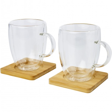 Logo trade promotional giveaways image of: Manti 2-piece 350 ml double-wall glass cup with bamboo coaster 