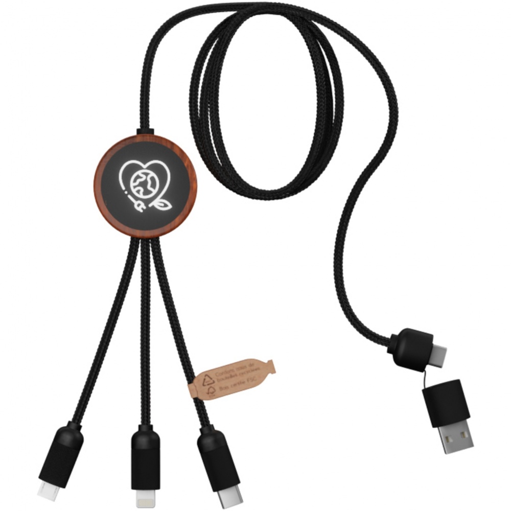 Logotrade promotional gift image of: SCX.design C37 5-in-1 rPET light-up logo charging cable with round wooden casing