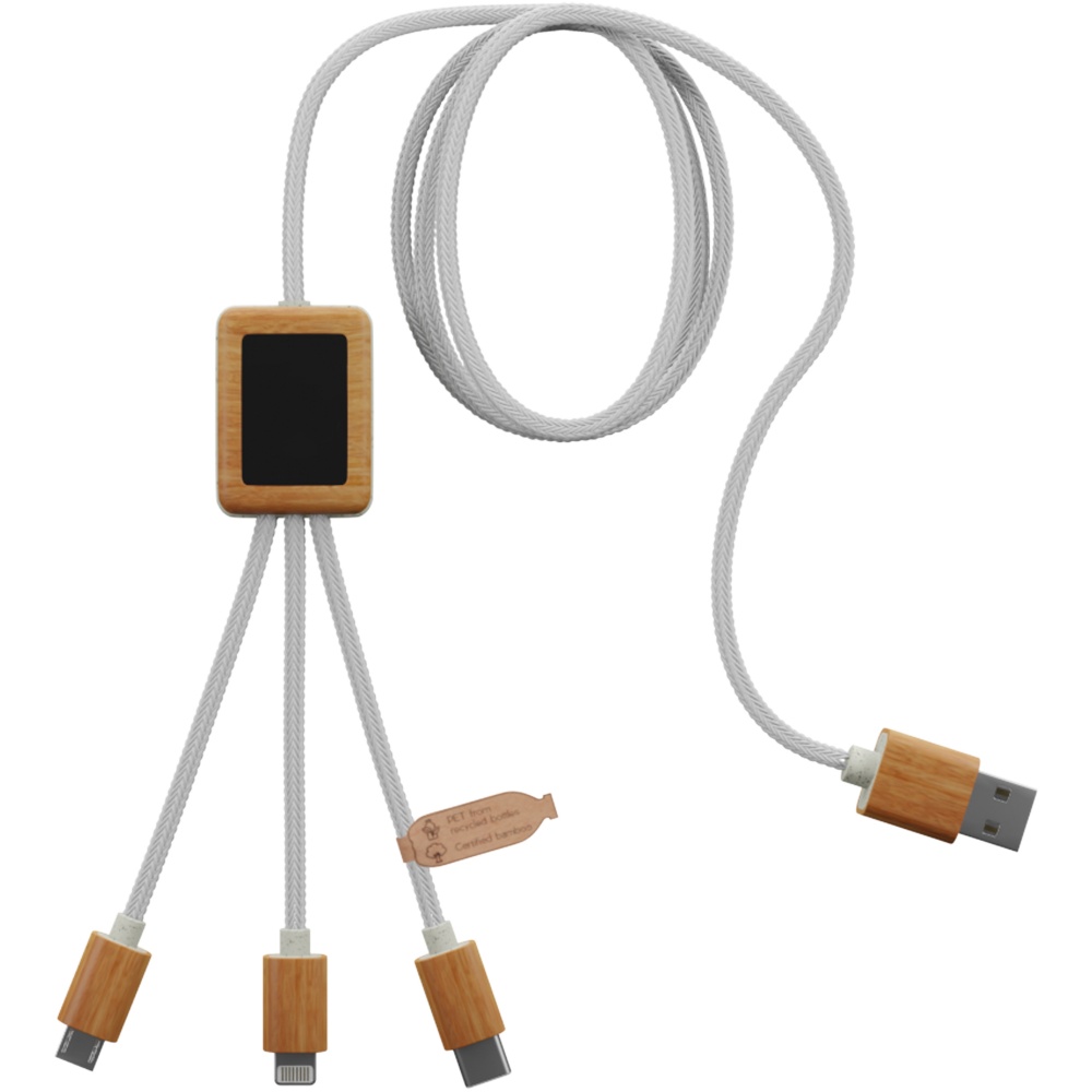 Logo trade promotional merchandise photo of: SCX.design C39 3-in-1 rPET light-up logo charging cable with squared bamboo casing