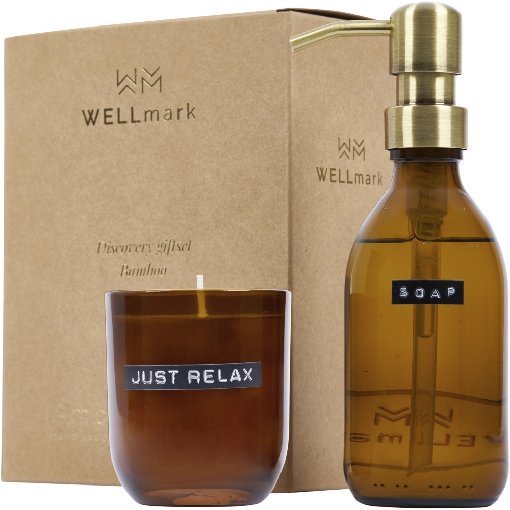 Logo trade promotional product photo of: Wellmark Discovery 200 ml hand soap dispenser and 150 g scented candle set - bamboo fragrance