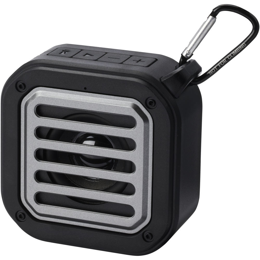 Logo trade promotional merchandise picture of: Solo 3W IPX5 RCS recycled plastic solar Bluetooth® speaker with carabiner 