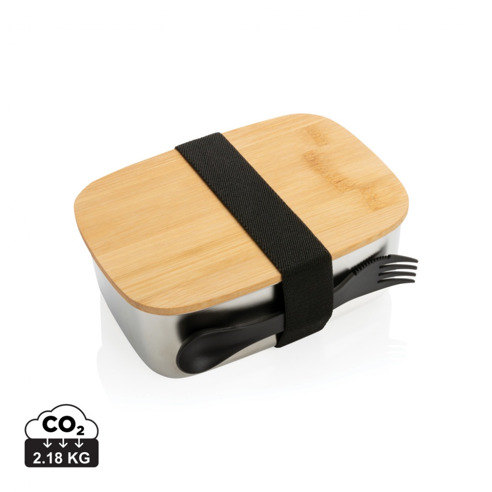 Logo trade promotional gifts picture of: Stainless steel lunchbox with bamboo lid and spork