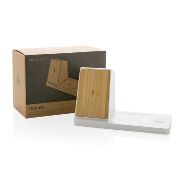 Logotrade corporate gift image of: Ontario recycled plastic & bamboo 3-in-1 wireless charger