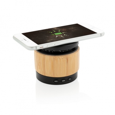 Logo trade advertising products image of: Bamboo wireless charger speaker