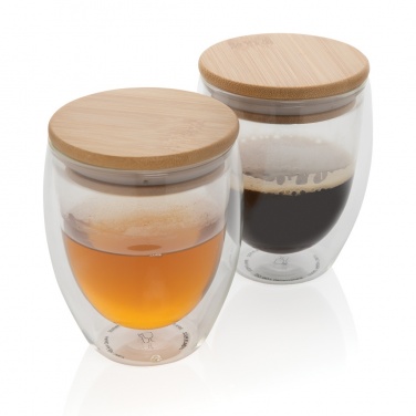 Logotrade corporate gift image of: Double wall borosilicate glass with bamboo lid 250ml 2pc set