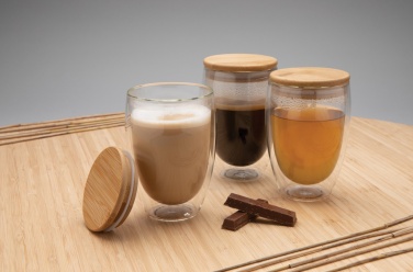 Logotrade promotional item picture of: Double wall borosilicate glass with bamboo lid 350ml 2pc set