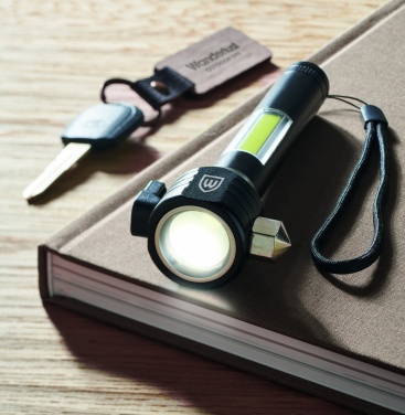 Logo trade promotional gift photo of: 3-in-1 aluminum flashlight with an emergency hammer and seatbelt cutter, customizable with printing