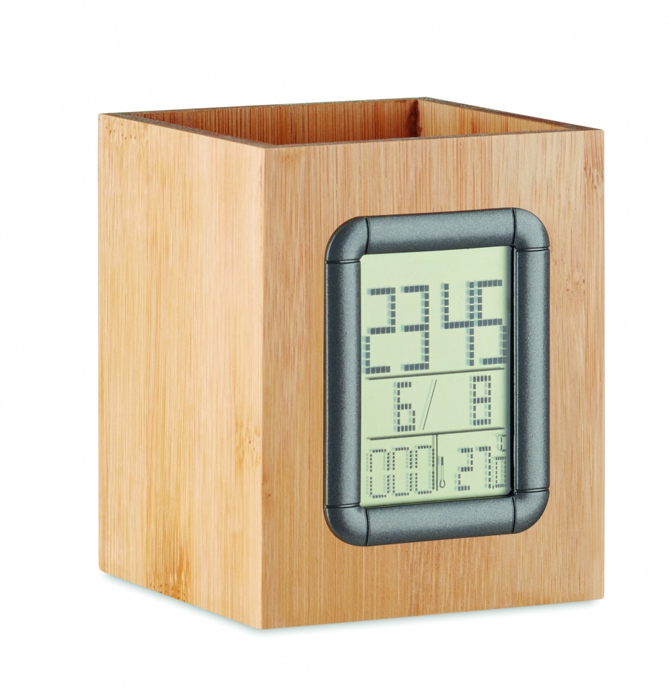 Logo trade advertising products image of: Bamboo pen holder and LCD clock