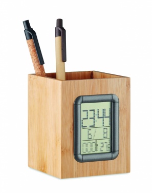 Logo trade promotional item photo of: Bamboo pen holder and LCD clock