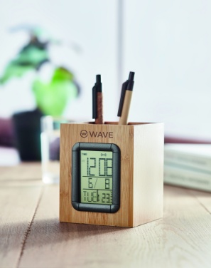 Logo trade promotional giveaways picture of: Bamboo pen holder and LCD clock