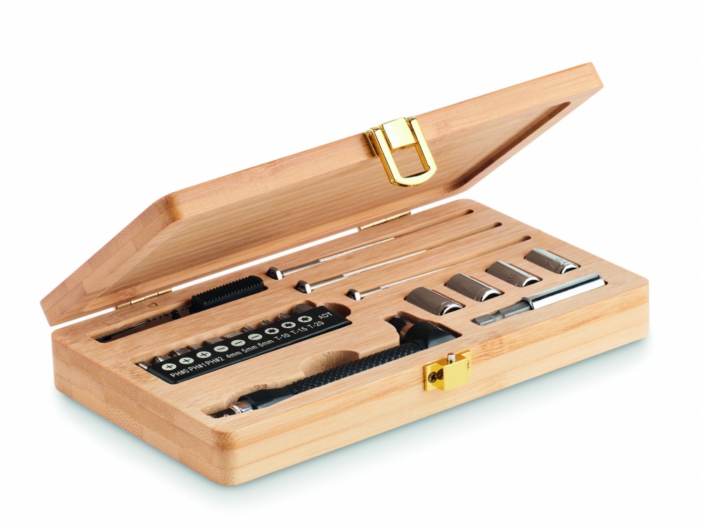 Logo trade promotional giveaways image of: 21 pcs tool set in bamboo case