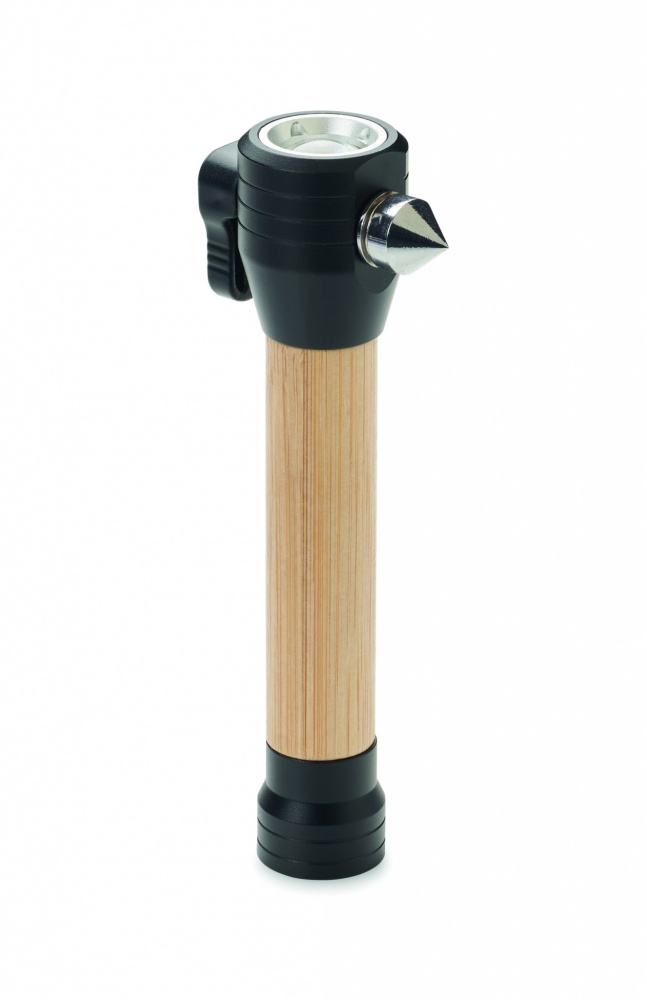 Logo trade promotional gifts picture of: 3-in-1 bamboo flashlight with an emergency hammer and seatbelt cutter