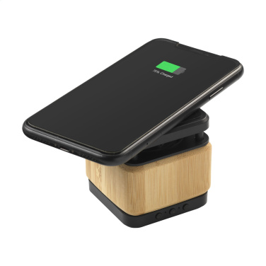 Logo trade advertising products image of: Bamboo Block Speaker with wireless charger