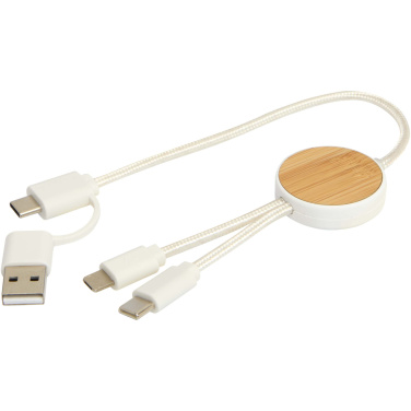 Logotrade promotional product picture of: Chechia 5-in-1 recycled plastic 30 cm data sync and 27W fast charge cable with bamboo details