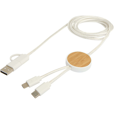 Logo trade promotional products picture of: Chechia 5-in-1 recycled plastic 150 cm data sync and 27W fast charge cable with bamboo details