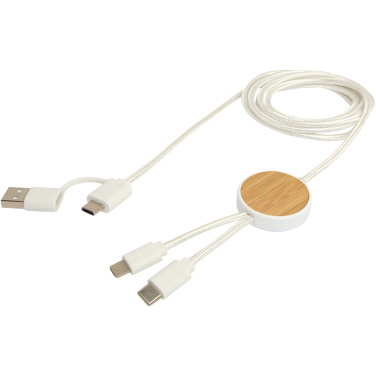 Logotrade promotional product picture of: Chechia 5-in-1 recycled plastic 150 cm data sync and 27W fast charge cable with bamboo details