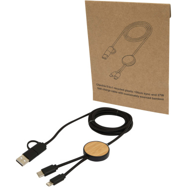 Logo trade promotional gifts picture of: Chechia 5-in-1 recycled plastic 150 cm data sync and 27W fast charge cable with bamboo details