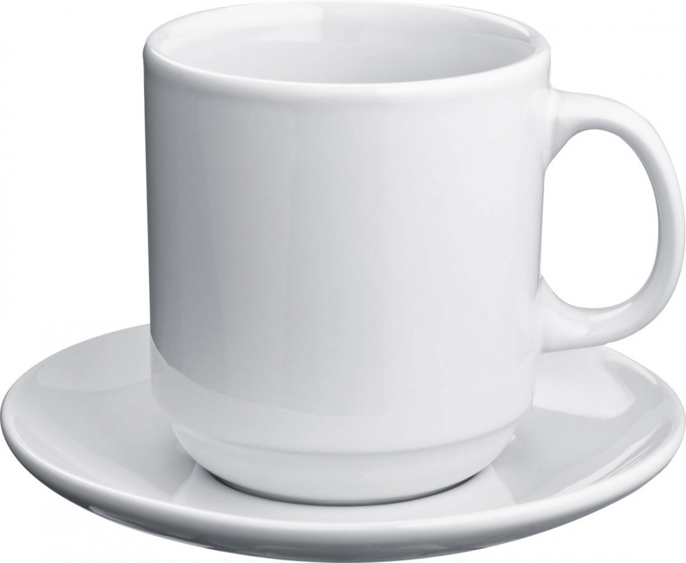 Logotrade mainostuotet kuva: Kahvimuki ja lautanen, valkoinen