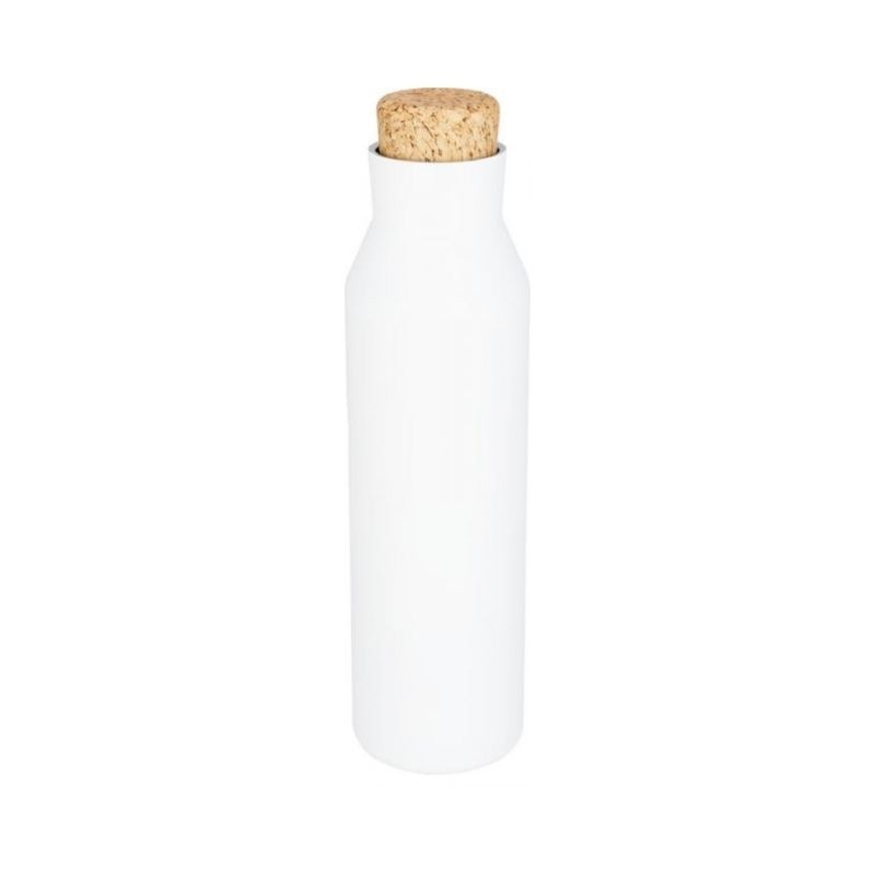 Logo trade mainoslahja ja liikelahja tuotekuva: Pohjoismainen kuparityhjiöllä eristetty pullo korkilla, valkoinen