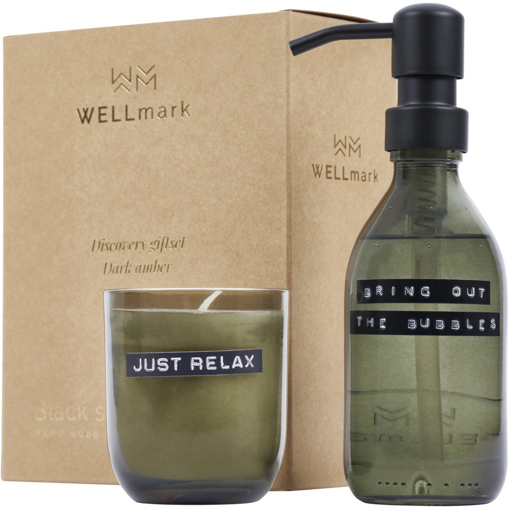 Logotrade korporatīvās dāvanas foto: Wellmark Discovery 200 ml roku ziepju dozators un 150 g aromātisko sveču komplekts - tumšs dzintara aromāts